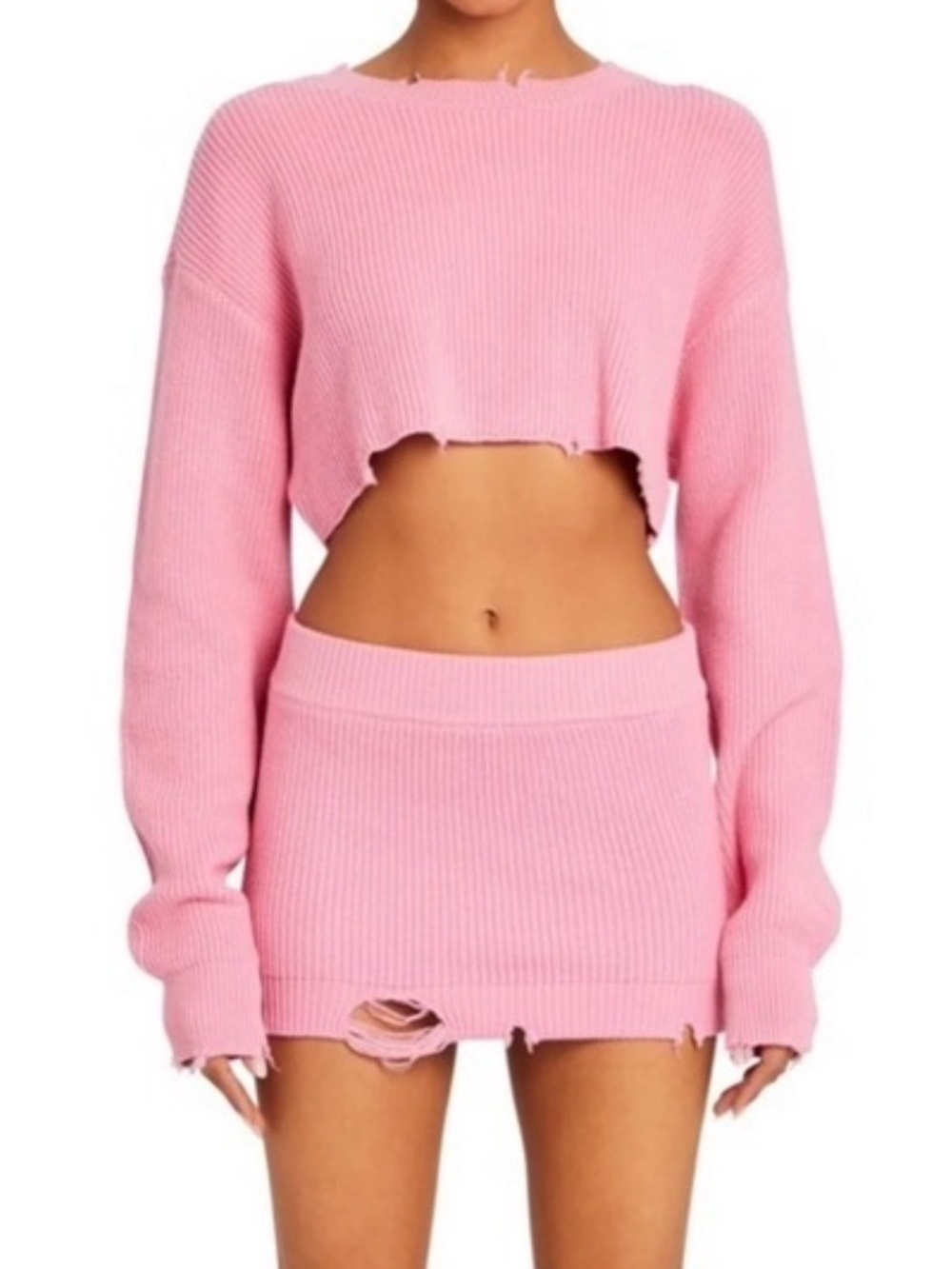 SER.O.YA Ribbed Knit Two-Piece Set in Bright Pink